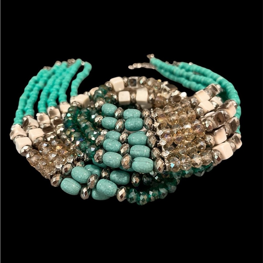 N128 Vintage Egyptian Revival Turquoise and Silver Beaded Bib Necklace - Picture 6 of 10